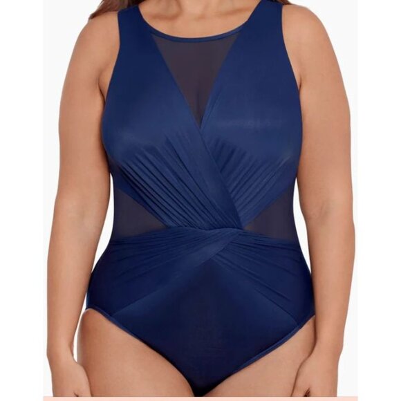 Mesh Panel Crossover One-Piece Swimsuit By Aqua Green Size XL Blue - Picture 2 of 7